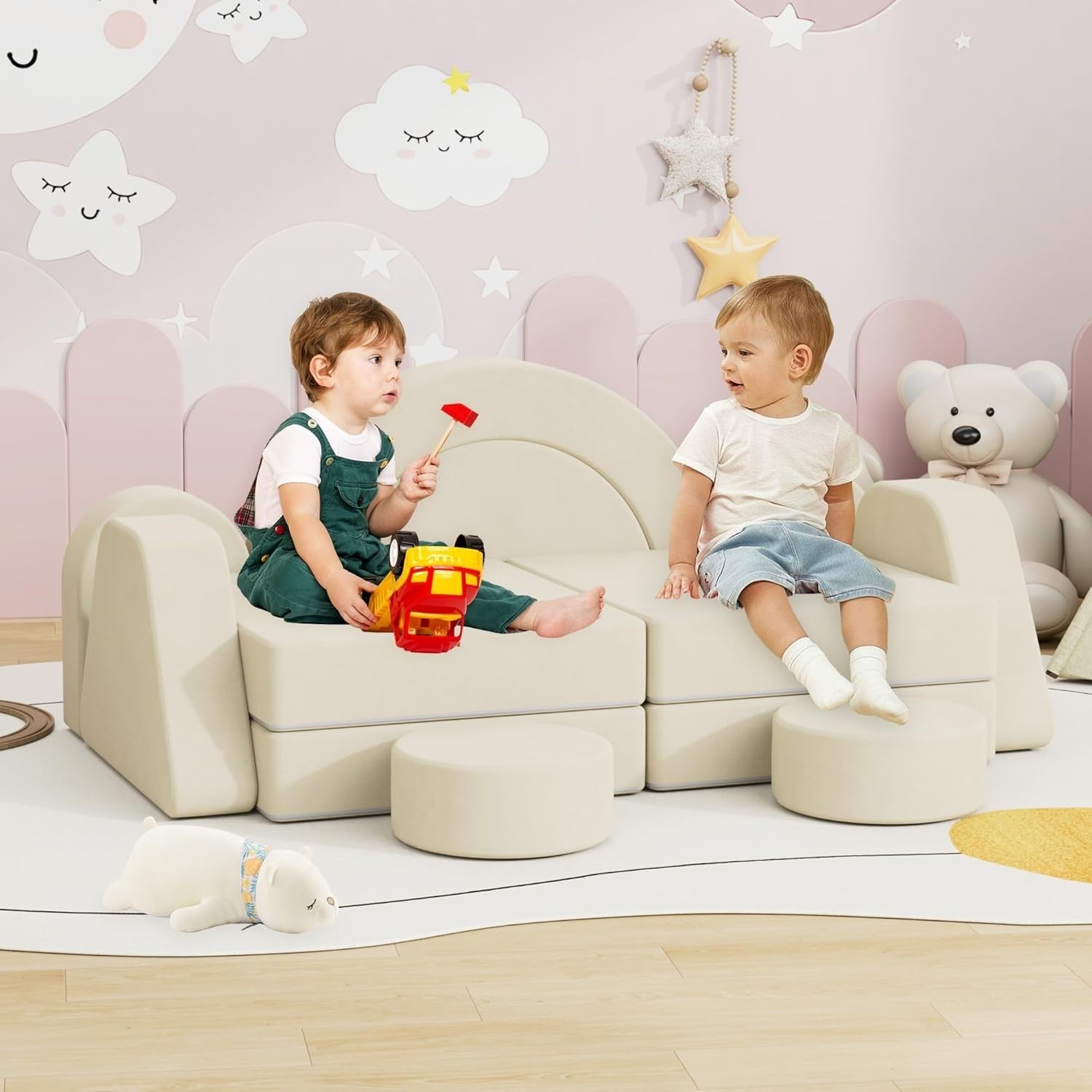 Modular Kids Play Couch Sofa Bed Foam Fort Building Set Beige