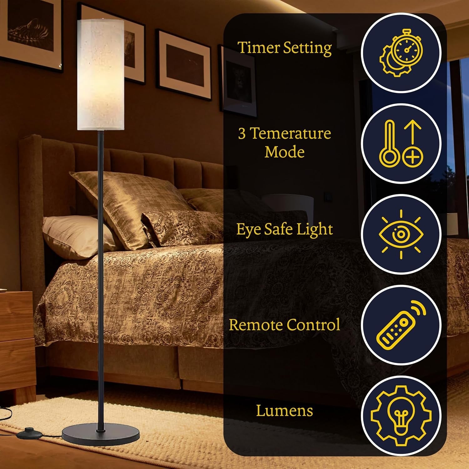 Vertical LED Floor Lamp Dimmable Modern Linen Standing Light with Foot Switch