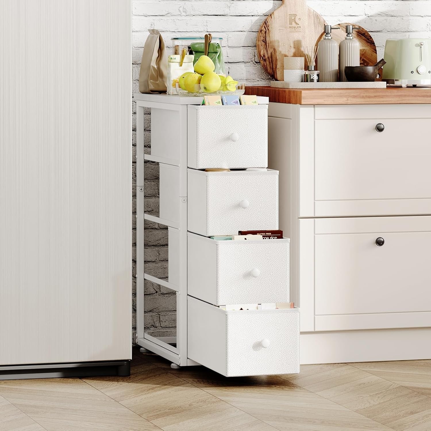 Slim 5-Drawer Tall Storage Cabinet with Wood Top Bedroom Hallway Organizer Unit