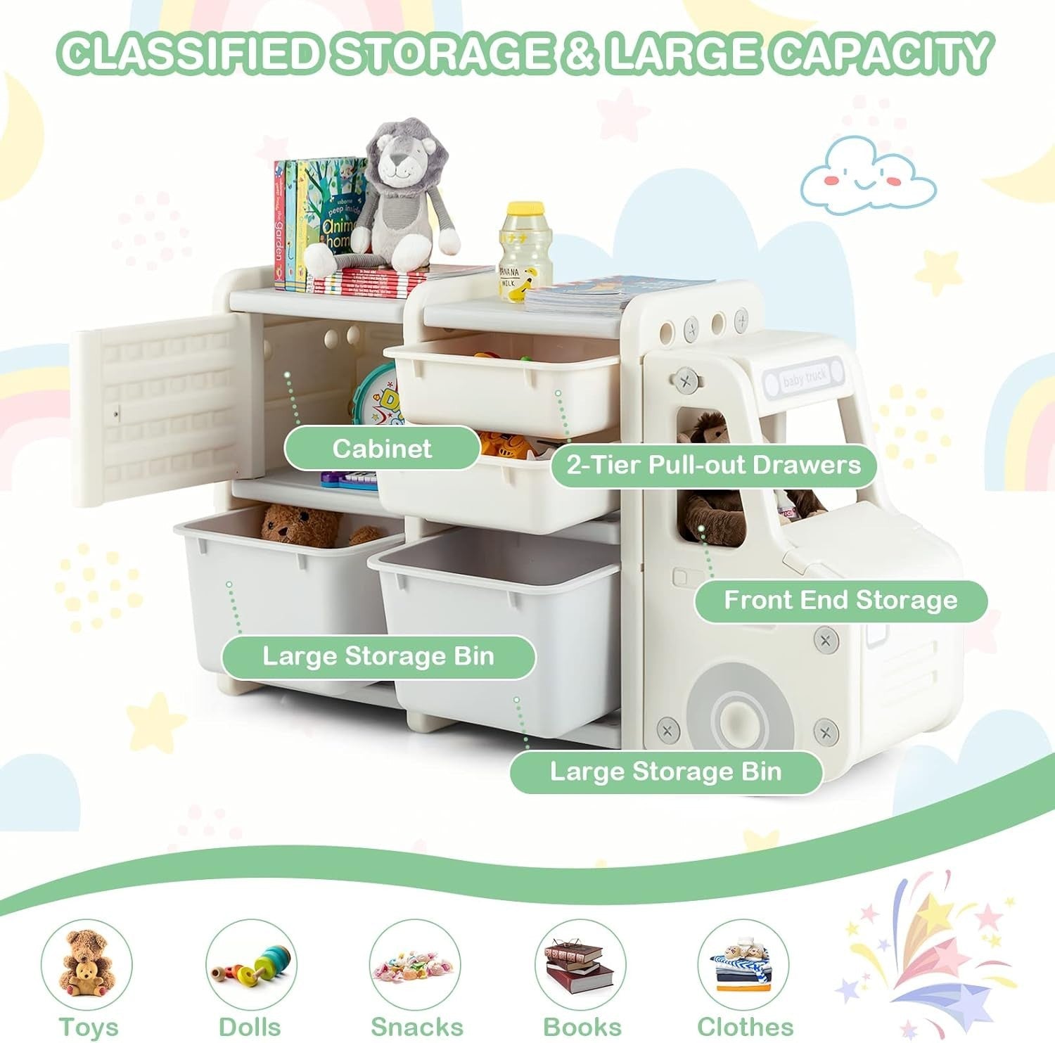 Kids Toy Storage Unit with Bins Drawers Cabinet Car Shape Shelf 112x35x66cm