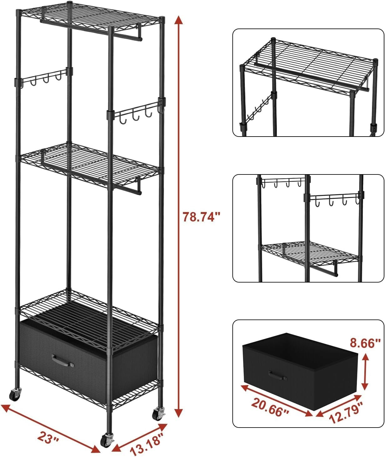 4-Tier Adjustable Clothes Rail with Drawer & Hooks – Black 200cm