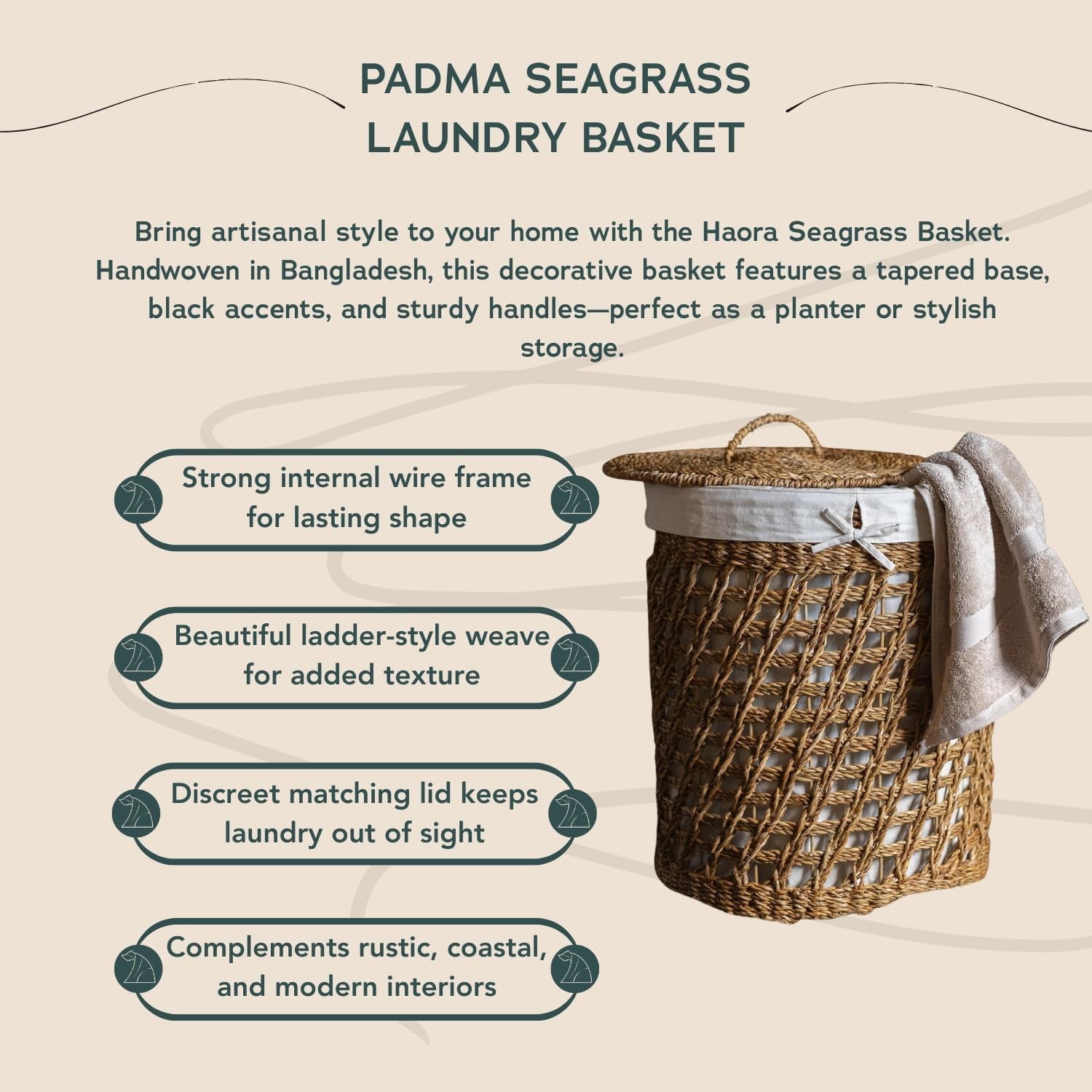 Extra Large Seagrass Laundry Basket with Lid & Cotton Liner – Handwoven Oval Sto