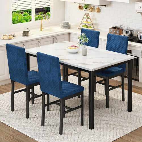 5-Piece Dining Table Set with Faux Marble Top & 4 Velvet Chairs, White & Blue