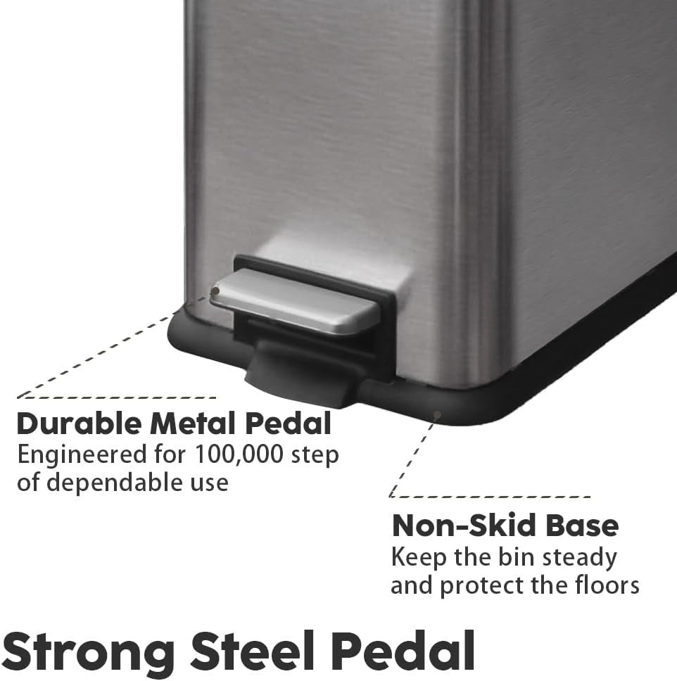 45L Stainless Steel Pedal Bin Slim Kitchen Trash Can Soft Close Grey