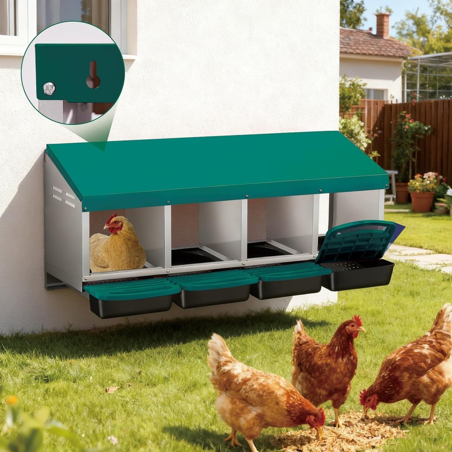 Metal Chicken Nesting Box 4 Compartment Pull Out Egg Tray