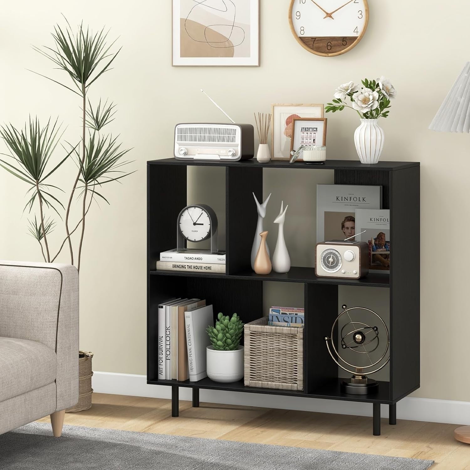 4-Cube Storage Bookcase Wooden Shelves Metal Legs Anti-Tip 90x30x90cm