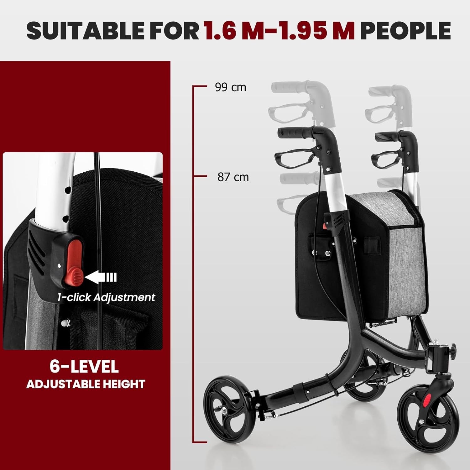 3 Wheel Folding Rollator Walker Lightweight Adjustable Mobility with Brakes
