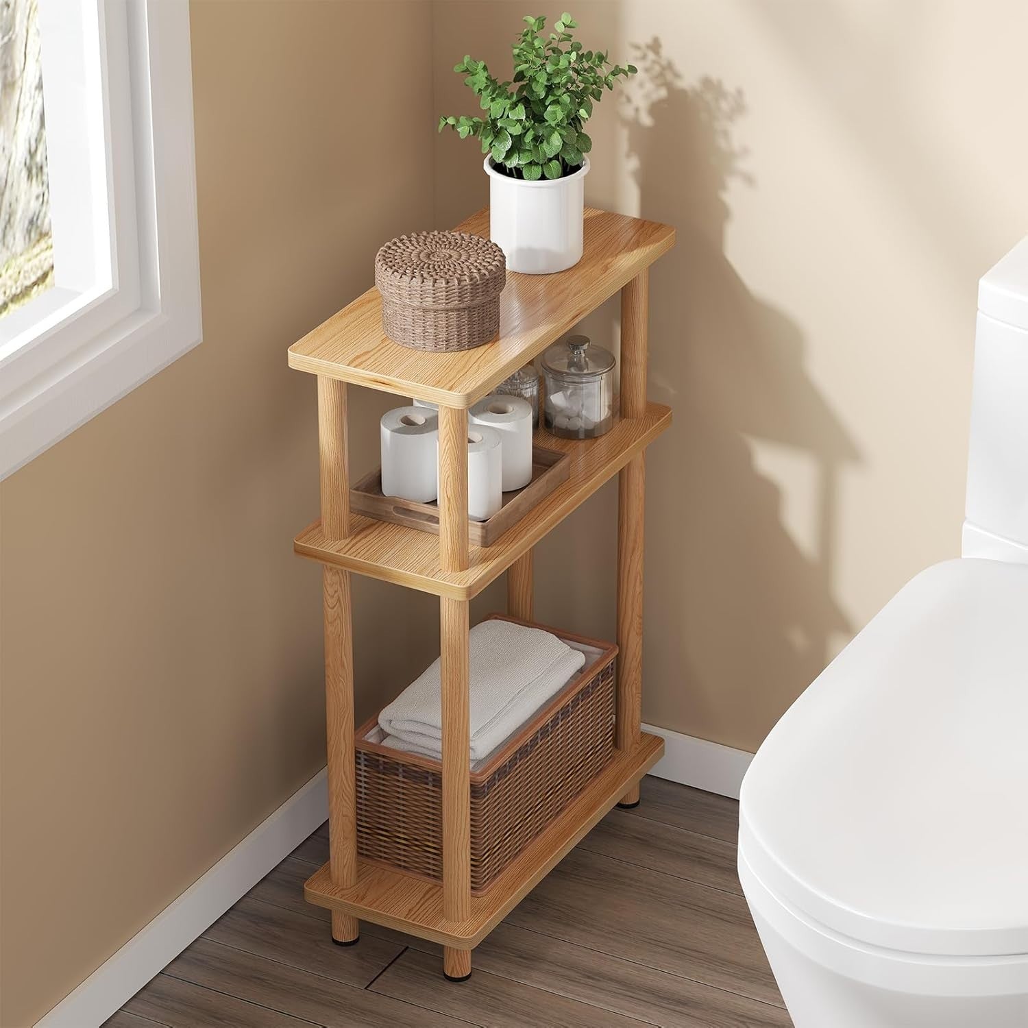 Slim 3-Tier Side Table, Space-Saving Narrow End Table for Living Room, Oak