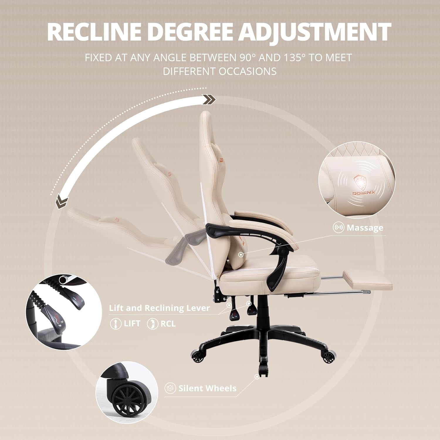 Gaming Chair Pocket Spring Cushion Massage Lumbar Footrest White