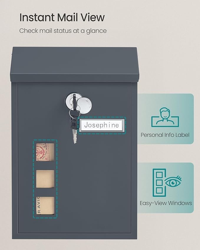 Wall Mounted Post Box Secure Lock Rust-Resistant Steel Letterbox Grey