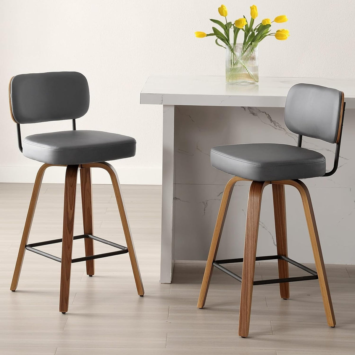 Grey PU Leather Swivel Bar Stools Set of 2 | Wooden Counter Chairs