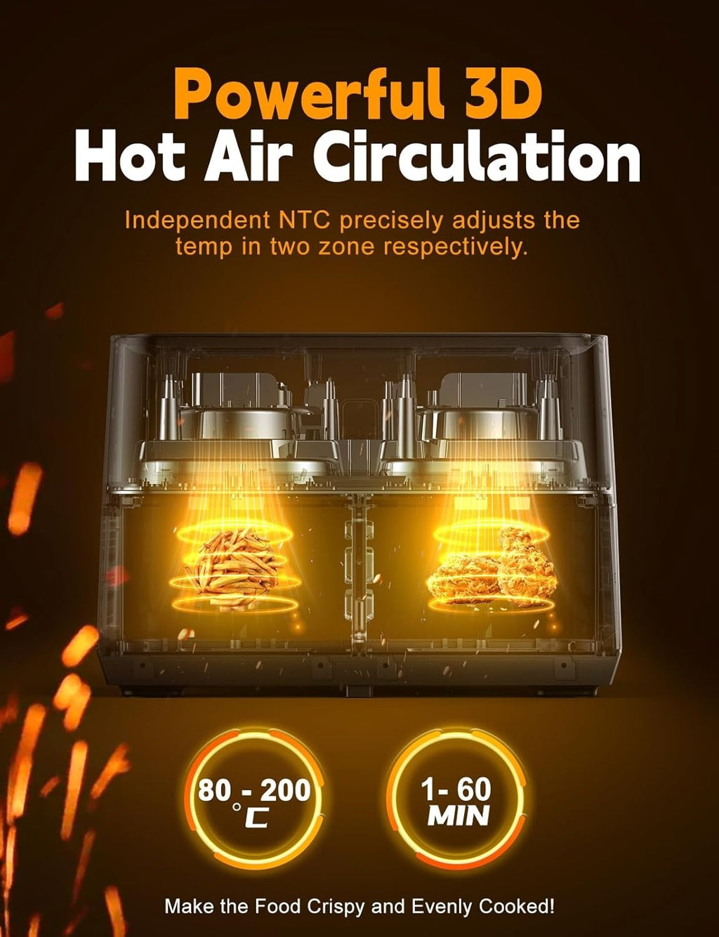 10L Dual Air Fryer with Window 2 Drawers 10 Presets Sync Cook Touchscreen