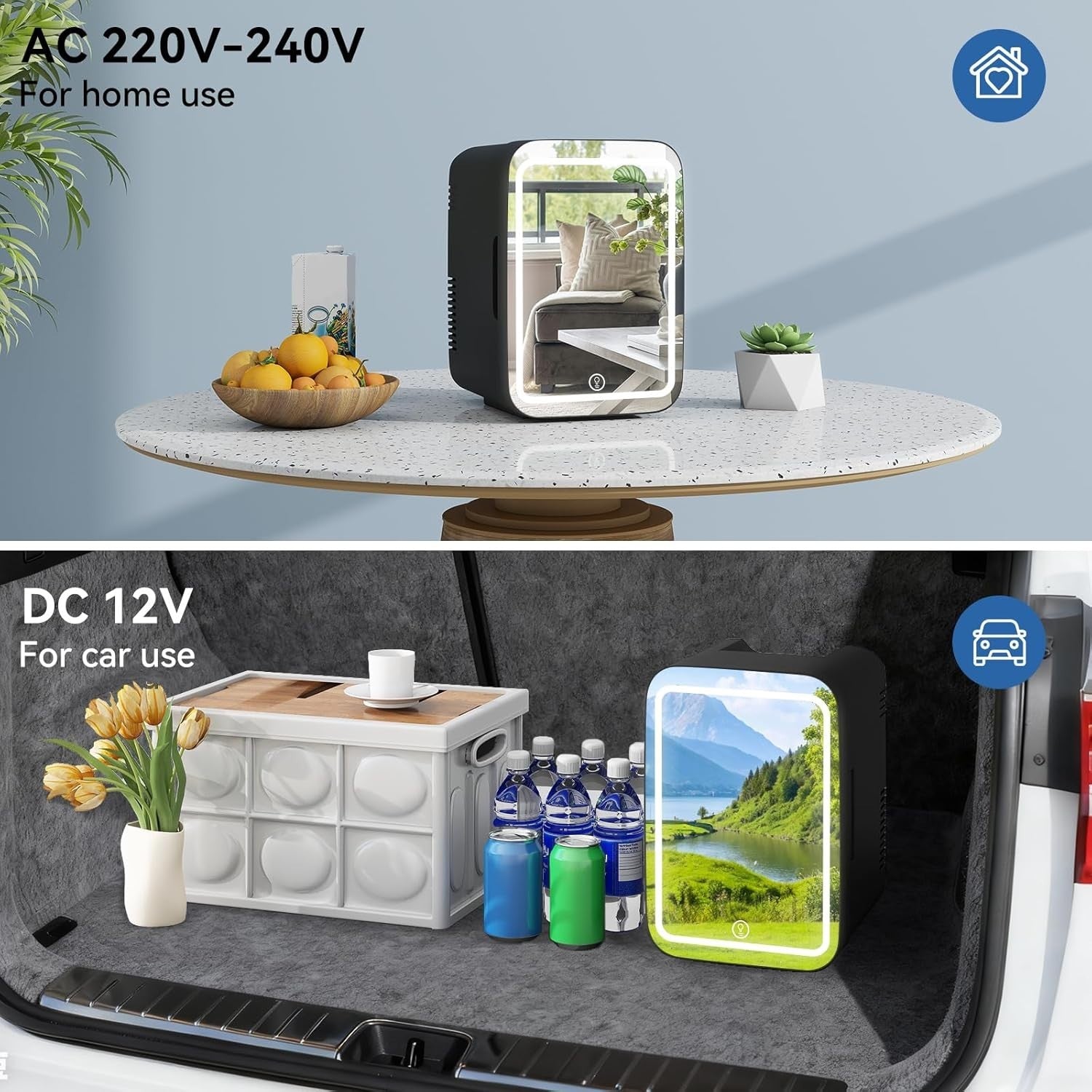4L Portable Mini Skincare Fridge Cooler & Warmer LED Mirror AC/DC Black
