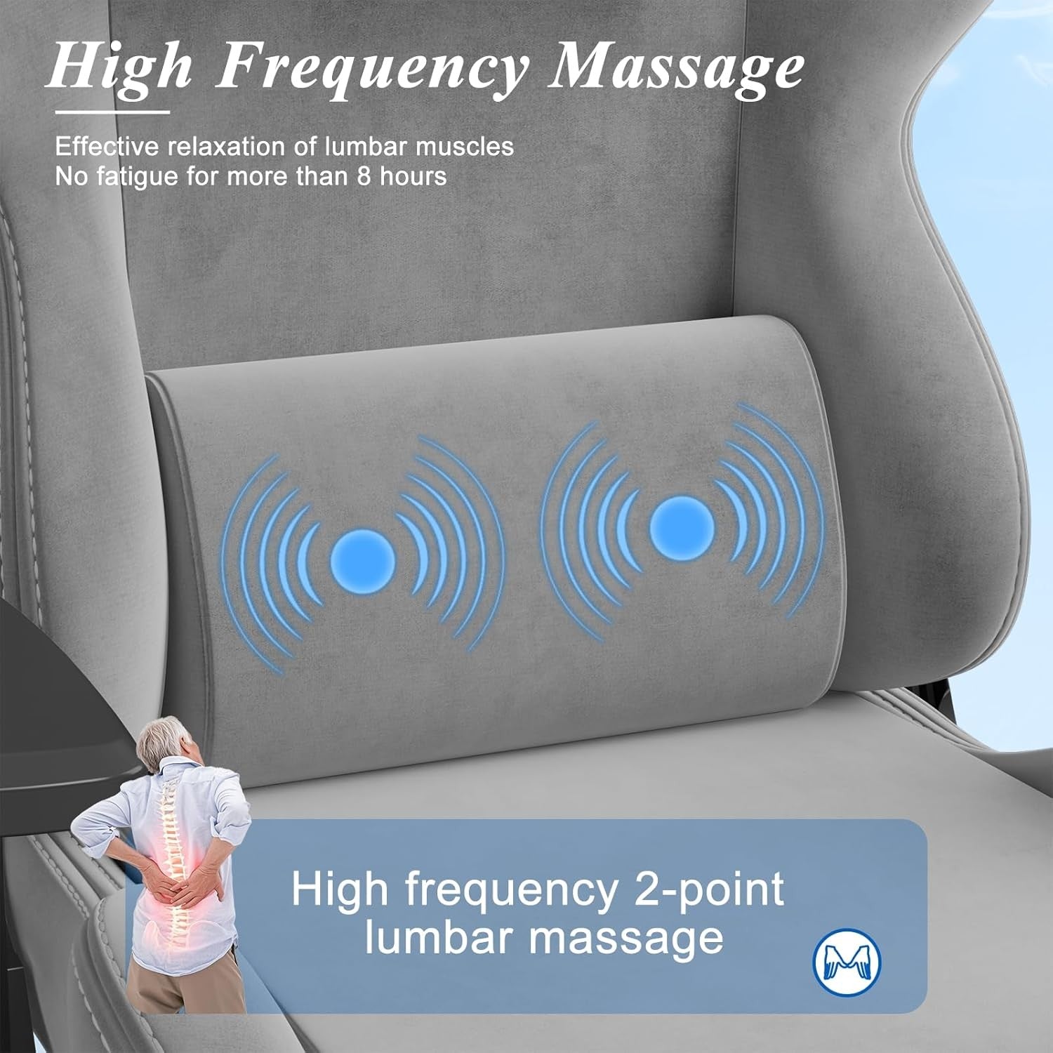 Fabric Gaming Chair Reclining Footrest Massage Lumbar Grey
