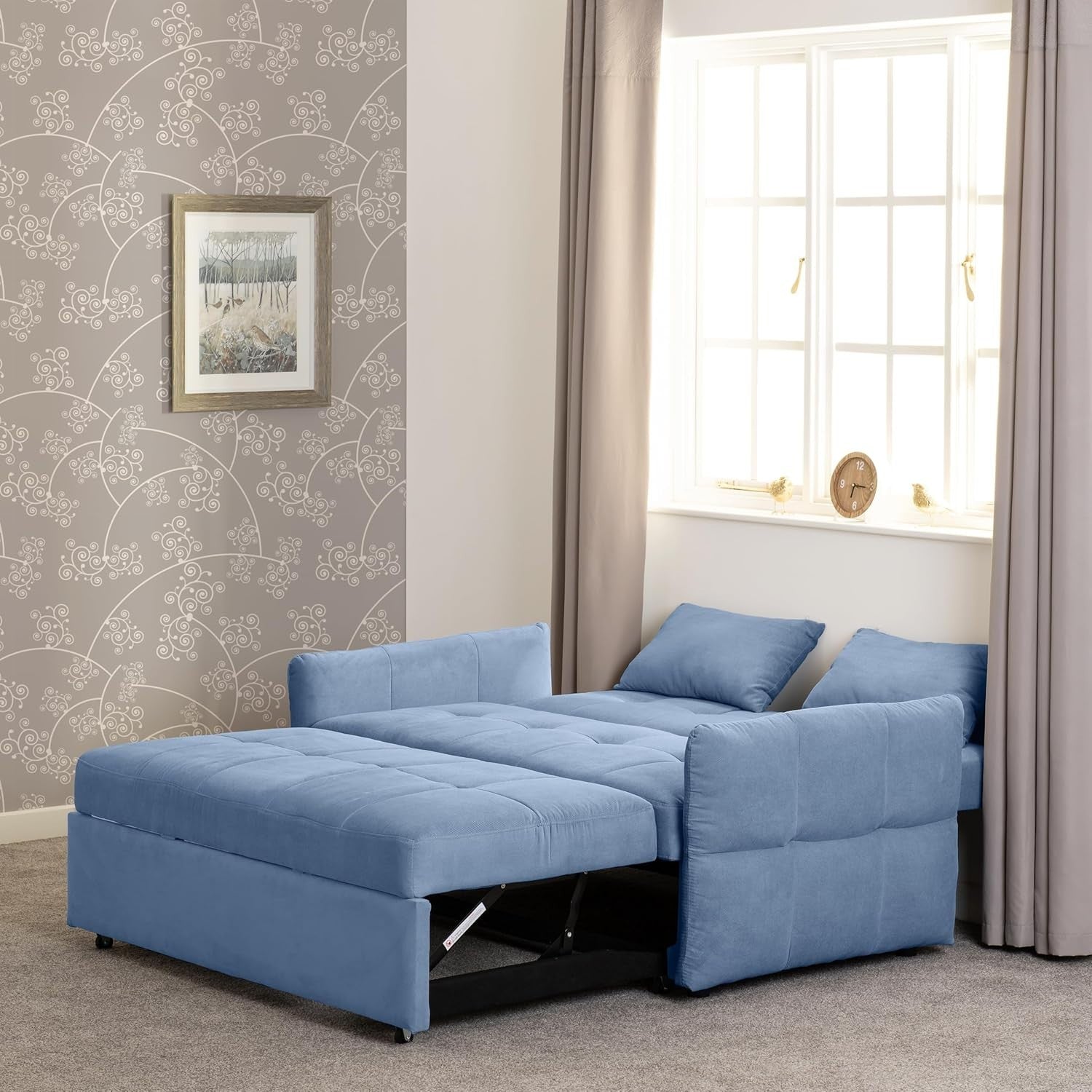 2 Seater Blue Sofa Bed Pull Out Guest Bed Sleeper Couch for Small Spaces
