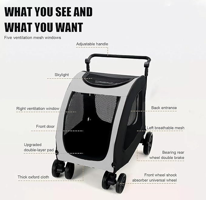 Heavy Duty Dog Stroller 4 Wheel Pet Pram Large Dogs 80kg Travel Pushchair
