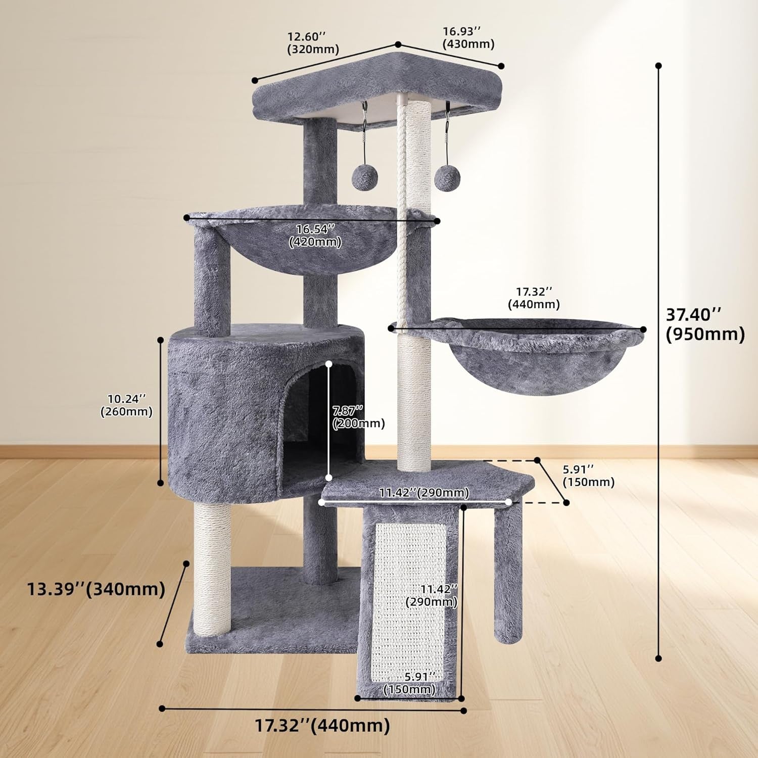 Cat Tree 95cm Climbing Tower Scratching Posts Condo Hammocks for Cats