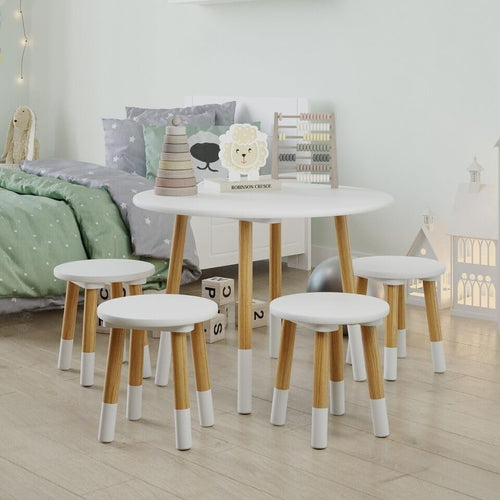 Kids Wooden Round White Table & 4 Chair Set, Durable Toddler Activity Desk