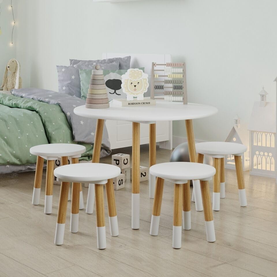 Kids Wooden Round White Table & 4 Chair Set, Durable Toddler Activity Desk