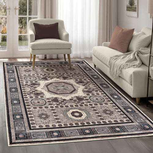 Washable Rug 152x213cm Non-Slip Traditional Area Carpet Brown Beige Living Room