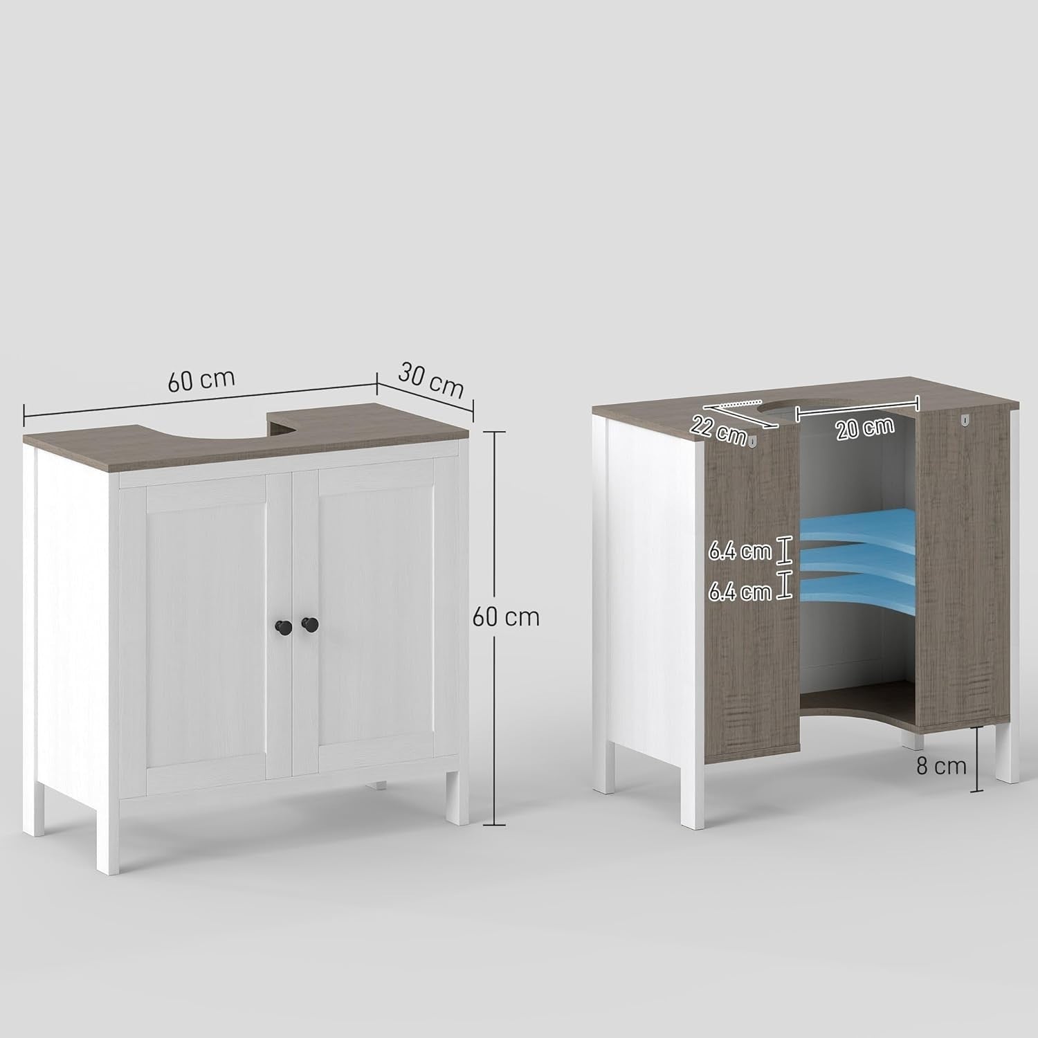Under Sink Bathroom Cabinet Grey 60cm, Double Doors, Freestanding Storage Unit