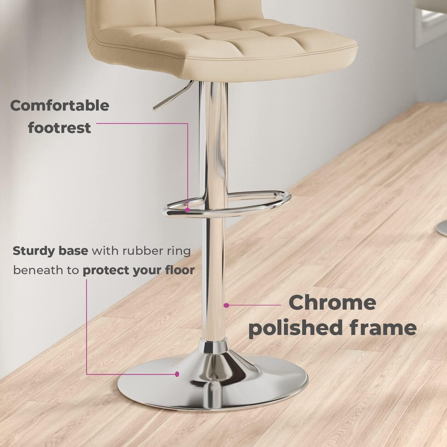 Adjustable Swivel Bar Stools Set of 2 | Cream Faux Leather Chrome