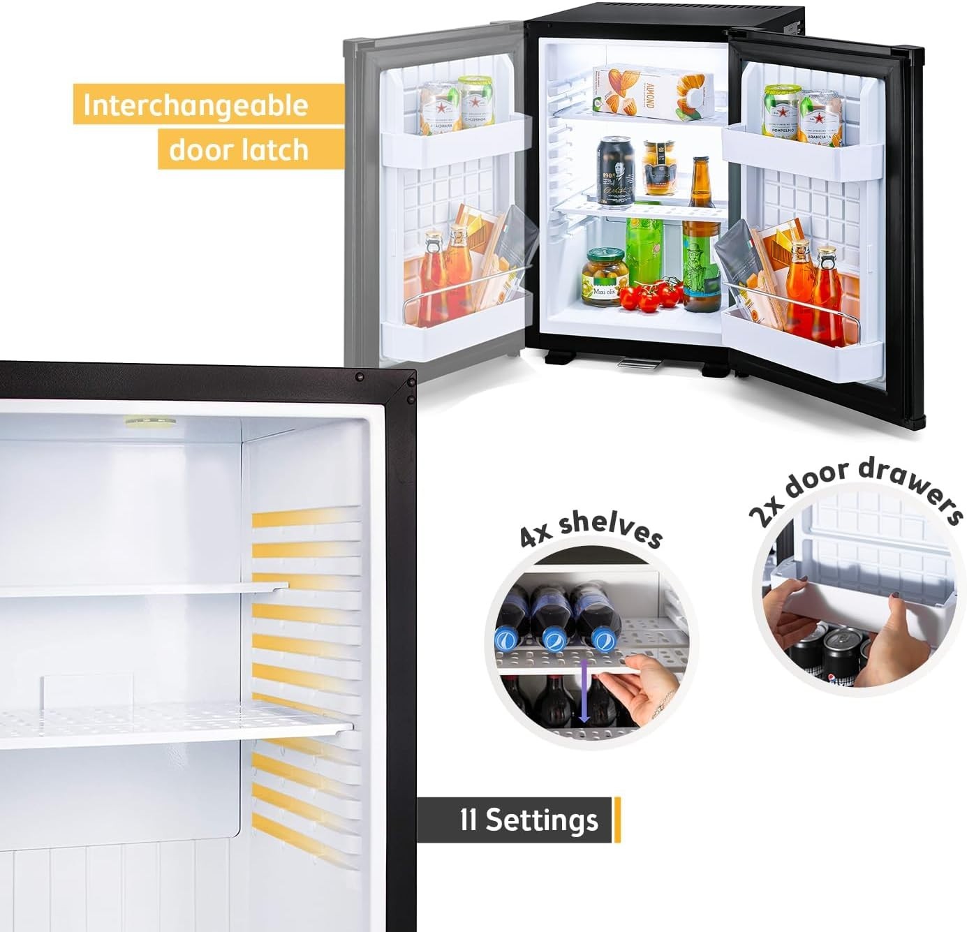 40L Mini Fridge Silent Lockable Compact LED Thermostat Freestanding