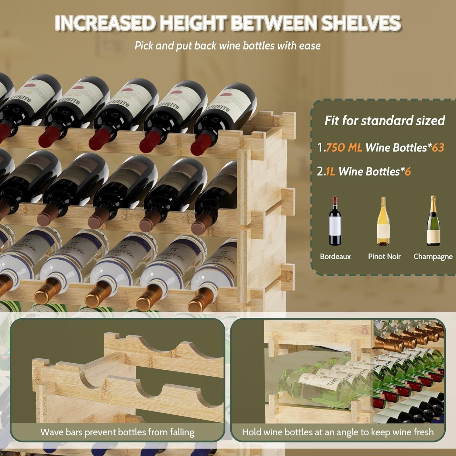 69 Bottle Wine Rack Floor Standing Natural Bamboo 8-Tier Stackable Storage Shelf