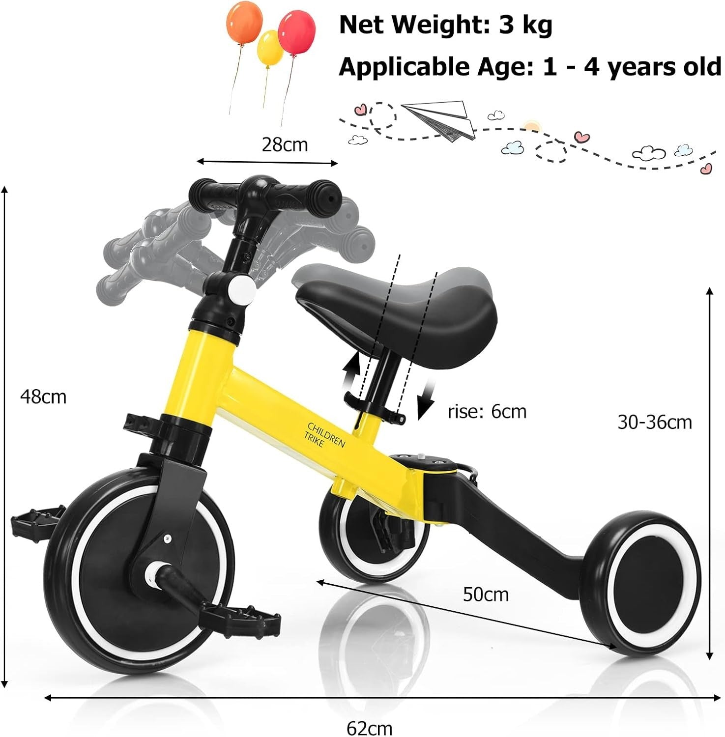 3 in 1 Toddler Tricycle Balance Bike Adjustable Seat Kids Trike 1-4Y