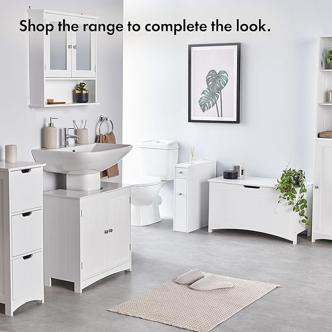 White Under Sink Bathroom Cabinet 60cm Vanity Unit with Shelves Shaker Doors