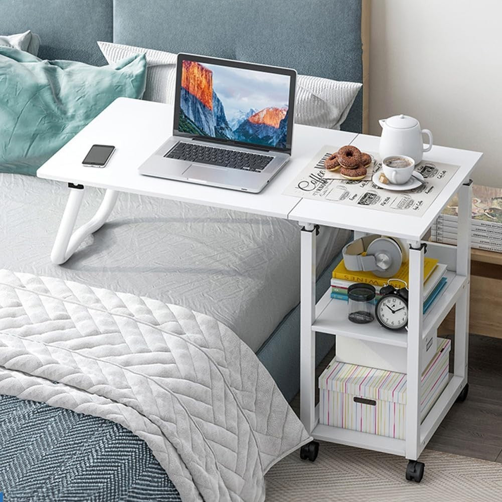 White Overbed Table with Wheels Adjustable Foldable Bedside Laptop Desk
