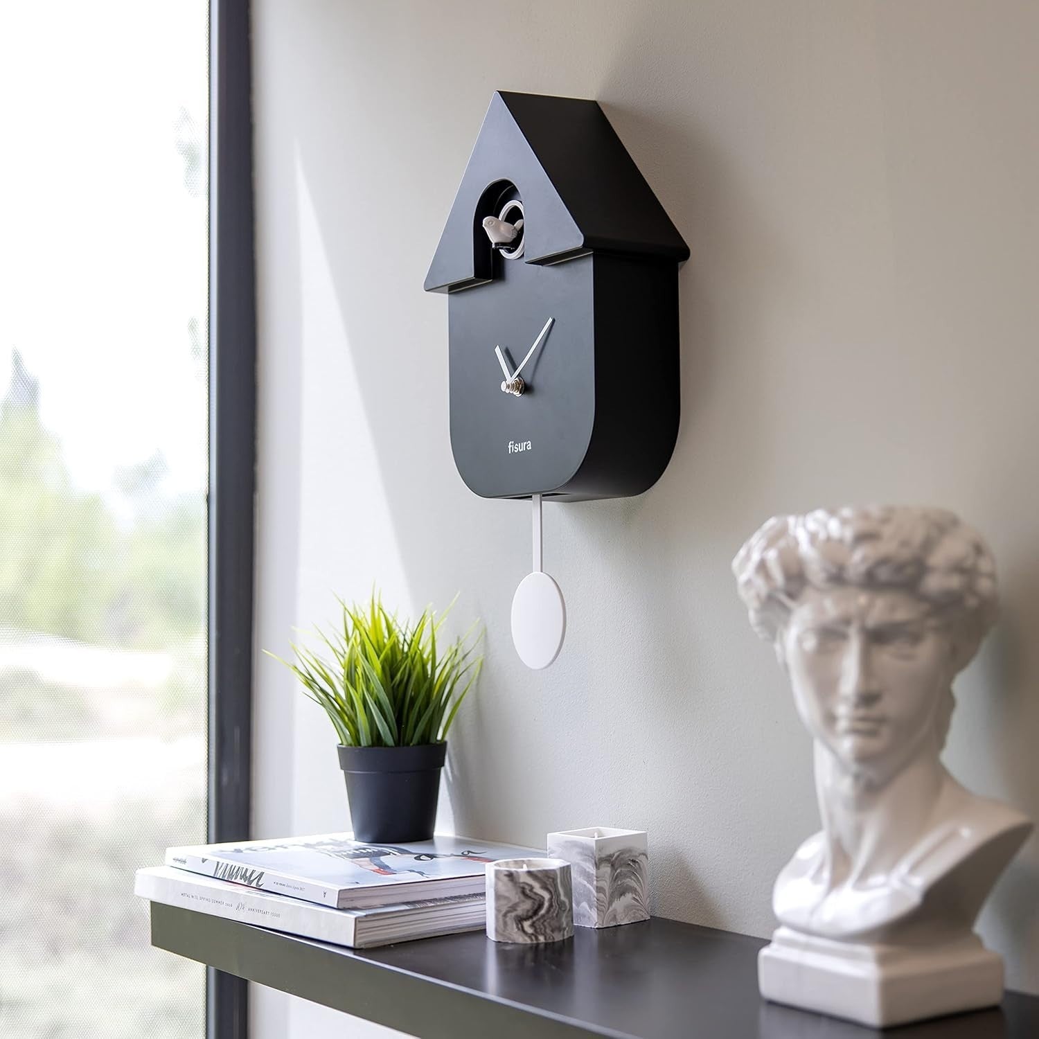 Silent Black Cuckoo Wall Clock Battery Operated Modern Pendulum Decor Gift