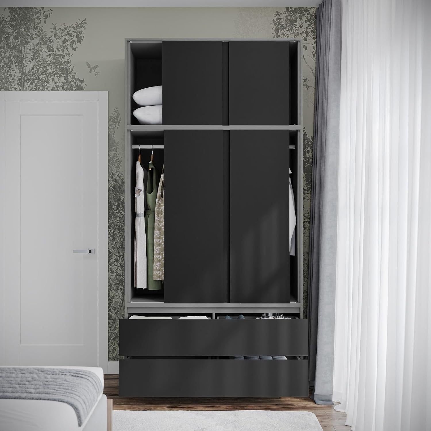 Grey Sliding Door Wardrobe 6 Doors 4 Drawers 240cm Modern Bedroom Closet