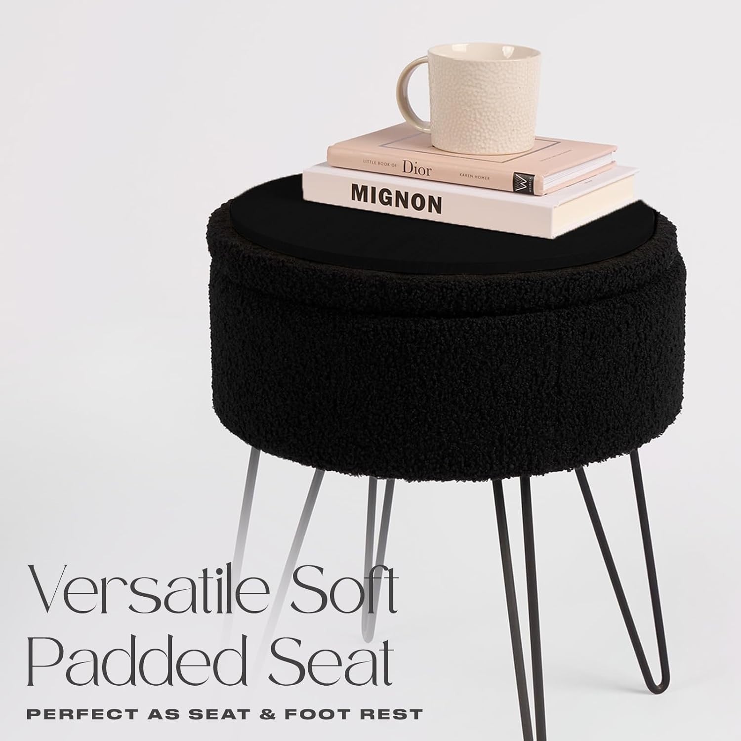 Black Bouclé Storage Stool Round Footrest Hairpin Leg Vanity Seat