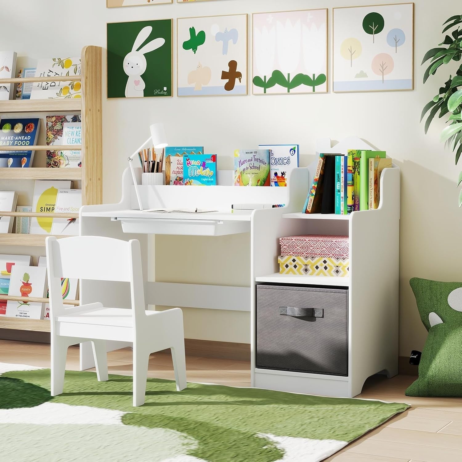 Kids Wooden Desk and Chair Set w/ Drawer Shelves Storage Bin Study Table White