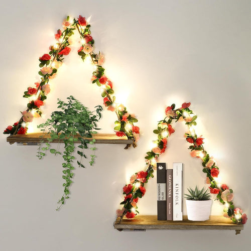 Boho Macrame Hanging Shelves LED Wall Decor Rustic Wood