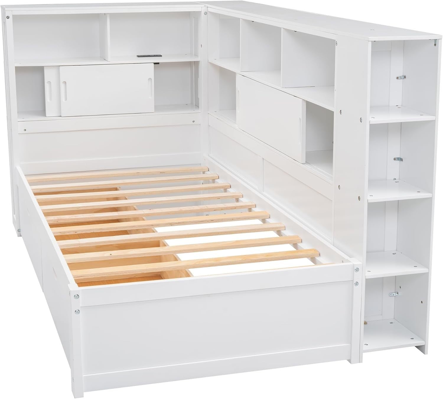 Single Storage Bed with Drawers, Shelves, USB, Bookcase, White 3FT