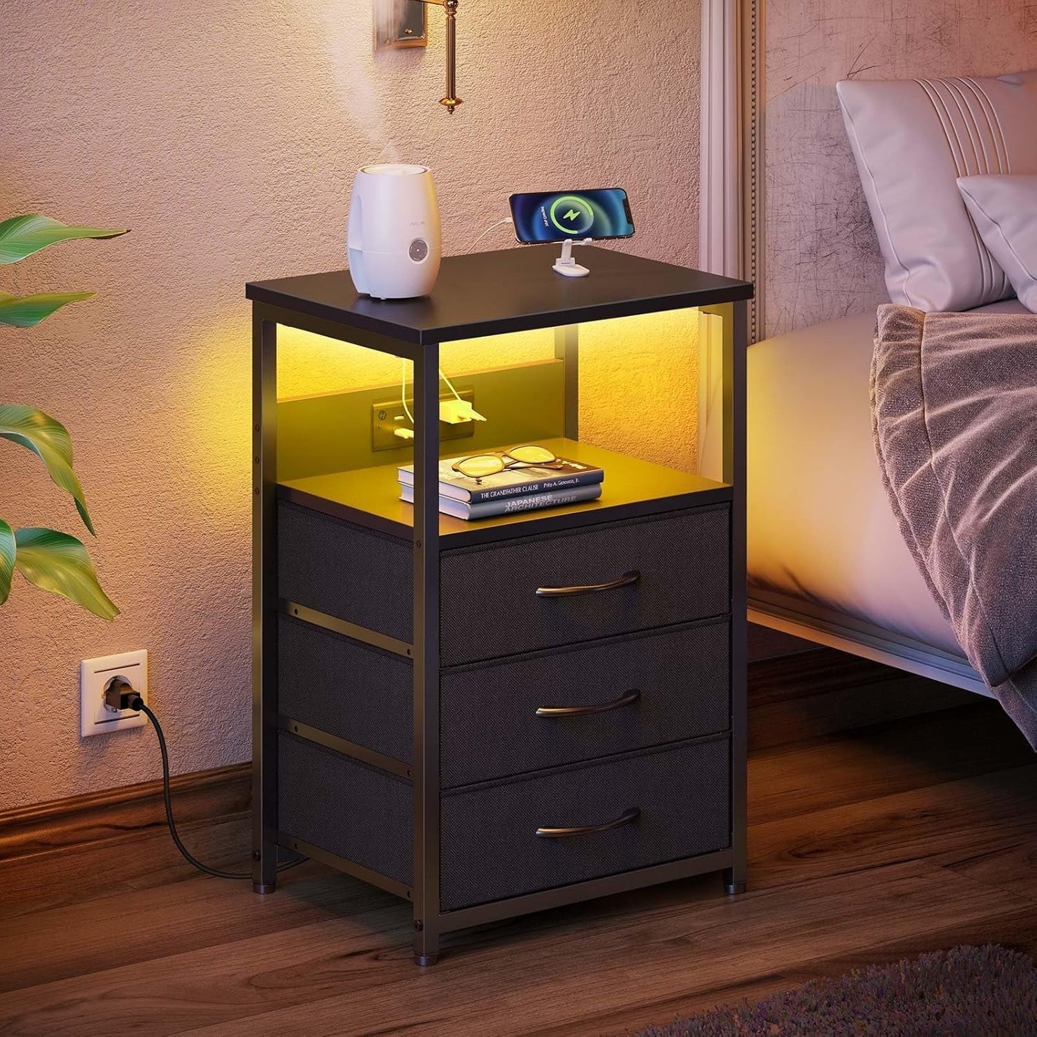 Set of 2 Black LED Bedside Tables with USB Charging | 3-Drawer Nightstands