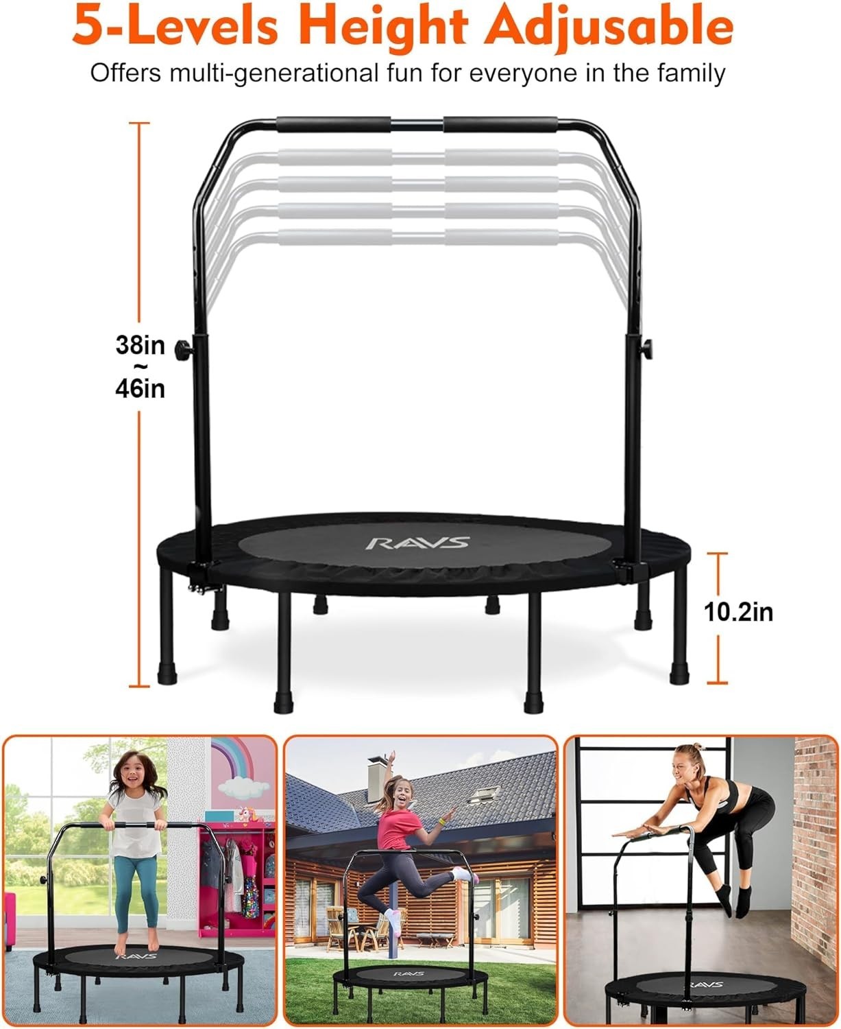 48in Foldable Fitness Rebounder Trampoline Adjustable Bar 450lb