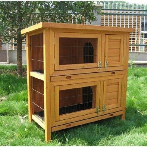 Double Rabbit Hutch Indoor Outdoor Wooden Cage Sliding Tray 2 Tier