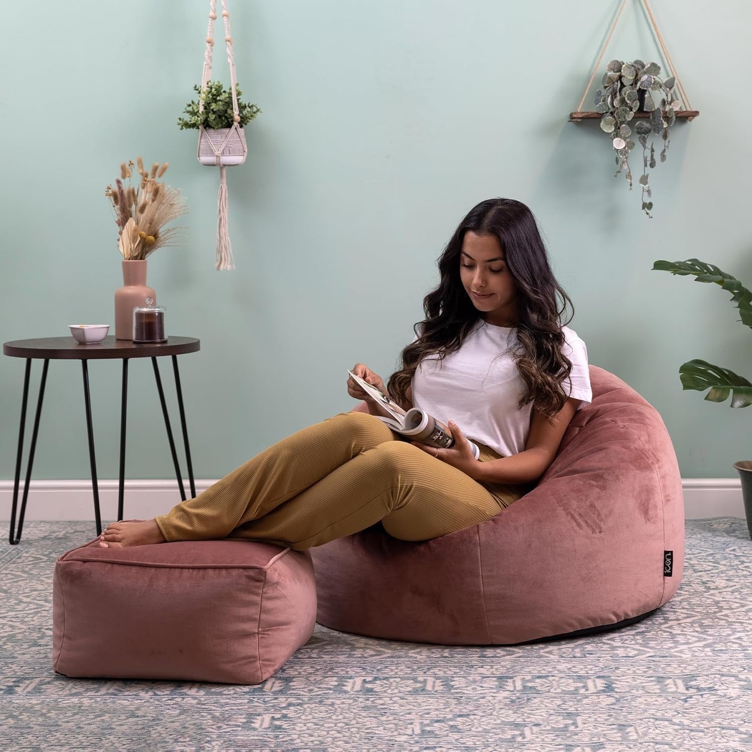 Velvet Bean Bag Chair w/ Footstool Dusk Pink Adult Size Luxury Seat