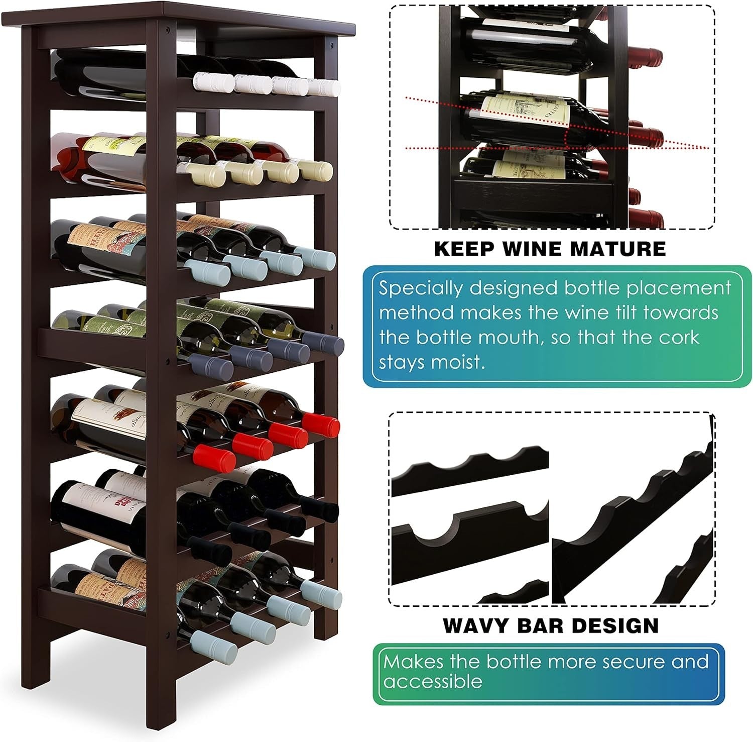 28 Bottle Wine Rack Freestanding Bamboo Shelf Storage 7 Tier Stand
