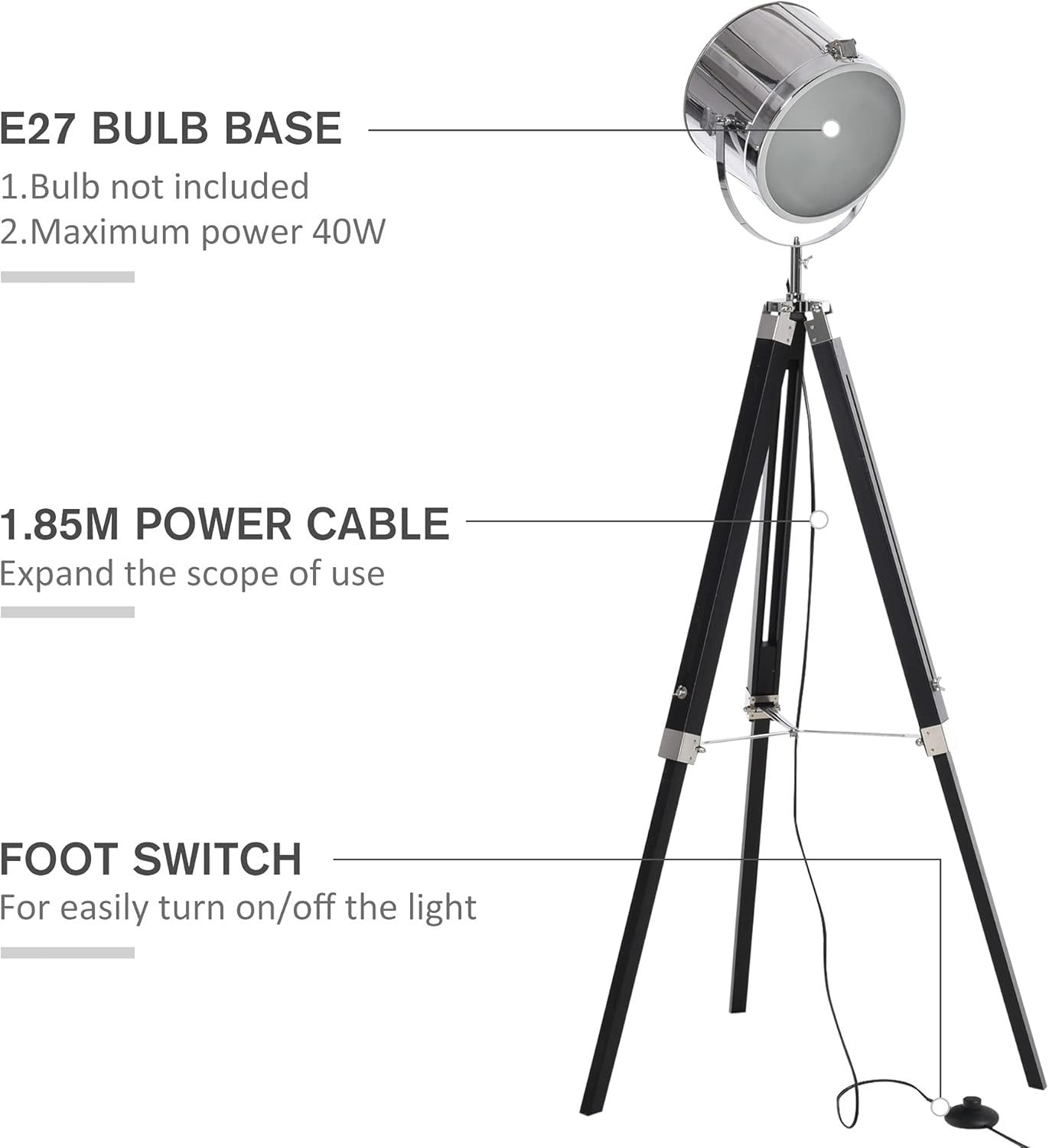 Adjustable Tripod Floor Lamp Industrial Style Searchlight with Wooden Legs