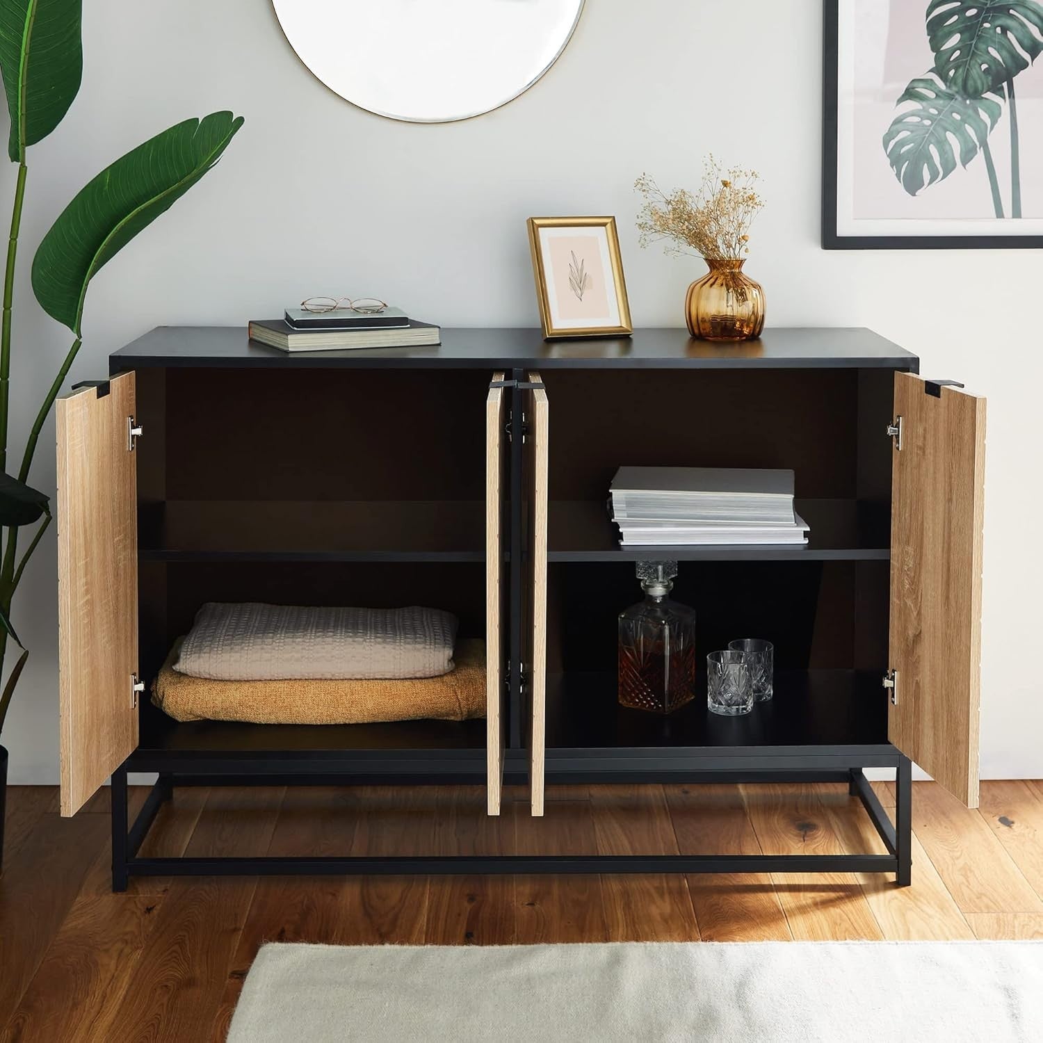 Modern Industrial Sideboard Cabinet with 4 Doors & Large Storage for Home Bar