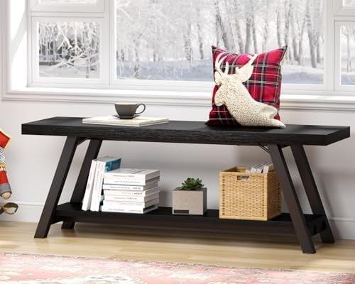 Modern Black Oak Entryway Bench Wood Metal Storage Shoe Rack 47in