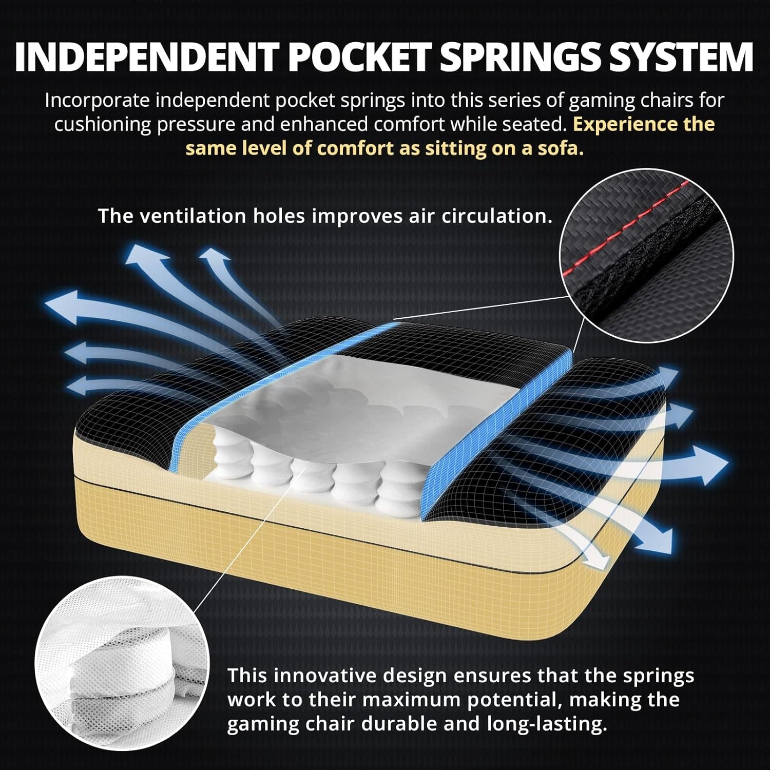 Gaming Chair Pocket Spring Cushion Massage Lumbar Footrest Black