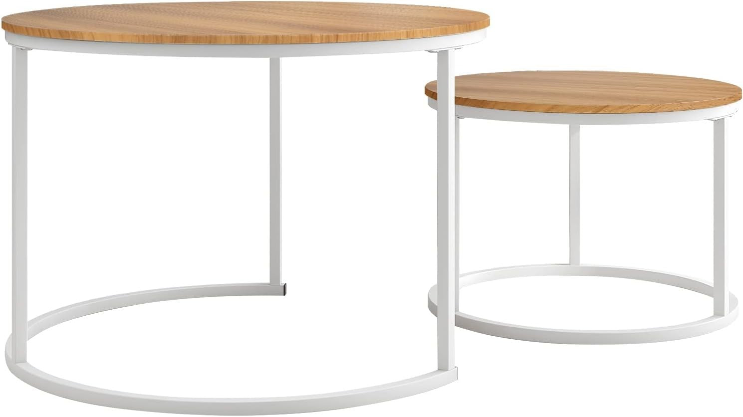 Nesting Coffee Table Set Round End Side Tables Space Saving Wood Metal Frame