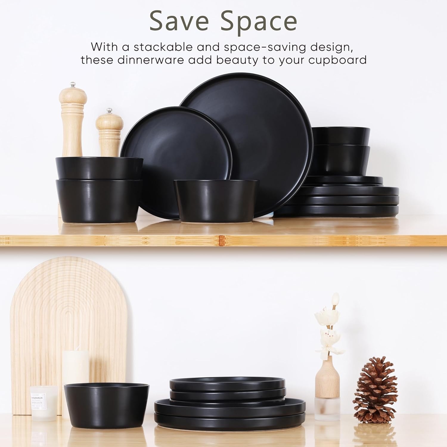 12pc Matte Black Stoneware Dinner Set Plates Bowls Dishwasher Safe