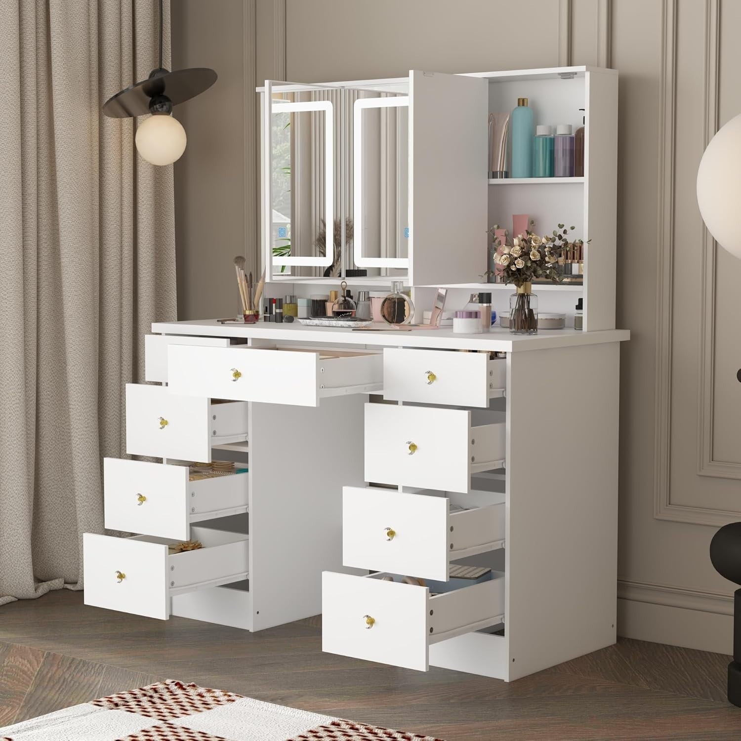 Makeup Vanity Dressing Table White w/ 3-Panel LED Light Mirror & 9 Storage Drawe