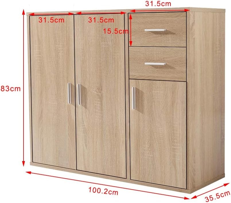 Oak Sideboard Cabinet with Drawers & Doors Modern Storage Cupboard 100cm